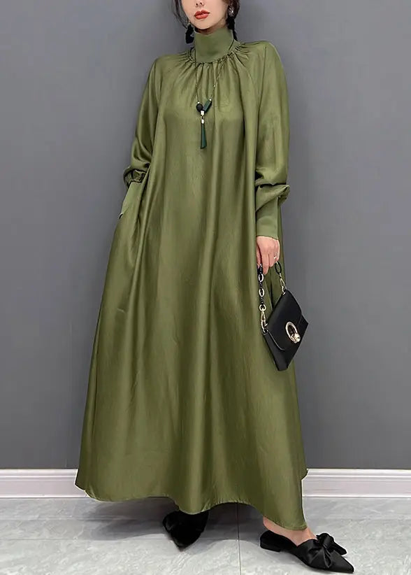 Plus Size Green Hign Neck Wrinkled Patchwork Silk Long Dresses Fall Ada Fashion