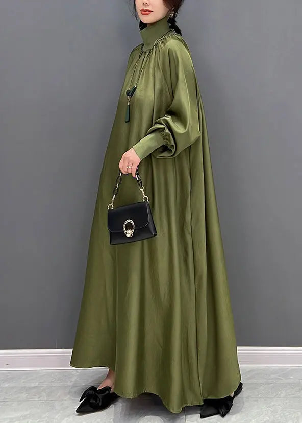 Plus Size Green Hign Neck Wrinkled Patchwork Silk Long Dresses Fall Ada Fashion