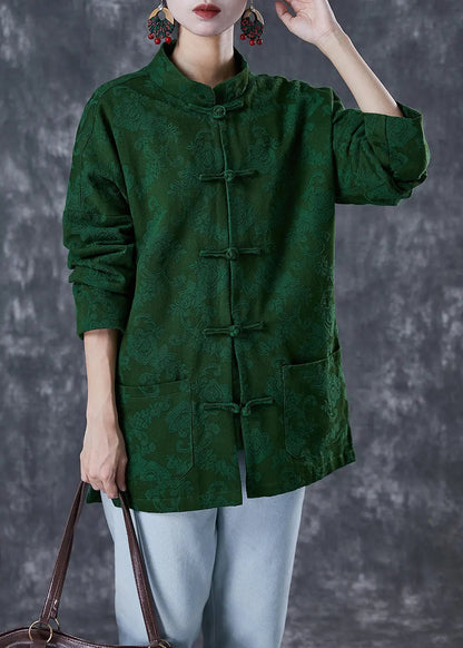 Plus Size Green Jacquard Chinese Button Cotton Coats Fall Ada Fashion