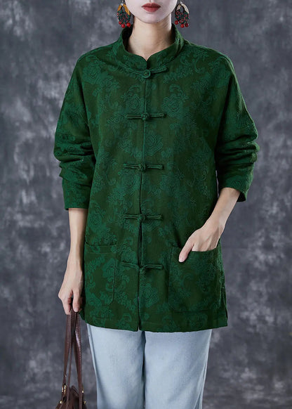 Plus Size Green Jacquard Chinese Button Cotton Coats Fall Ada Fashion