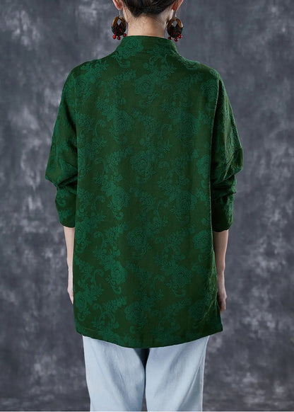 Plus Size Green Jacquard Chinese Button Cotton Coats Fall Ada Fashion