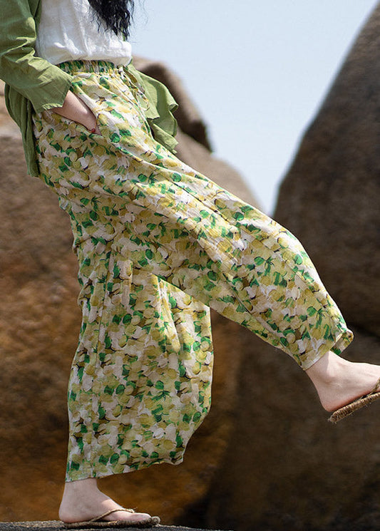 Plus Size Green Print Tie Waist Linen Wide Leg Pants Summer LY4648