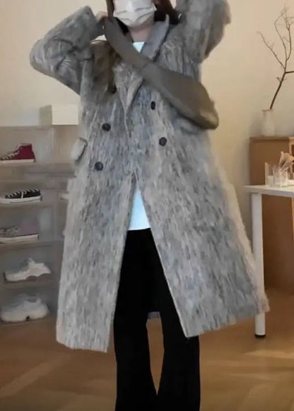 Plus Size Grey Peter Pan Collar Pockets Patchwork Ma Hai Mao Coat Winter Ada Fashion