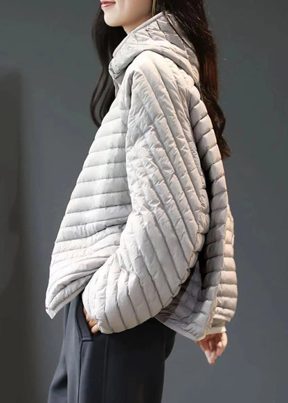 Plus Size Grey Striped Button Fine Cotton Filled Parka Winter Ada Fashion