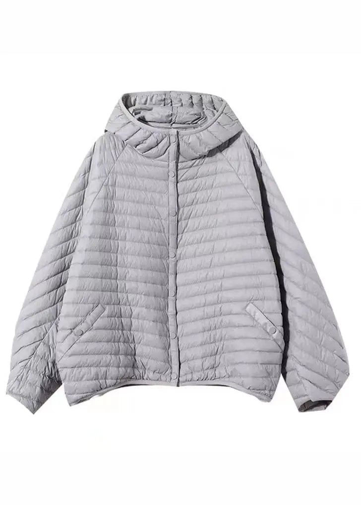 Plus Size Grey Striped Button Fine Cotton Filled Parka Winter Ada Fashion