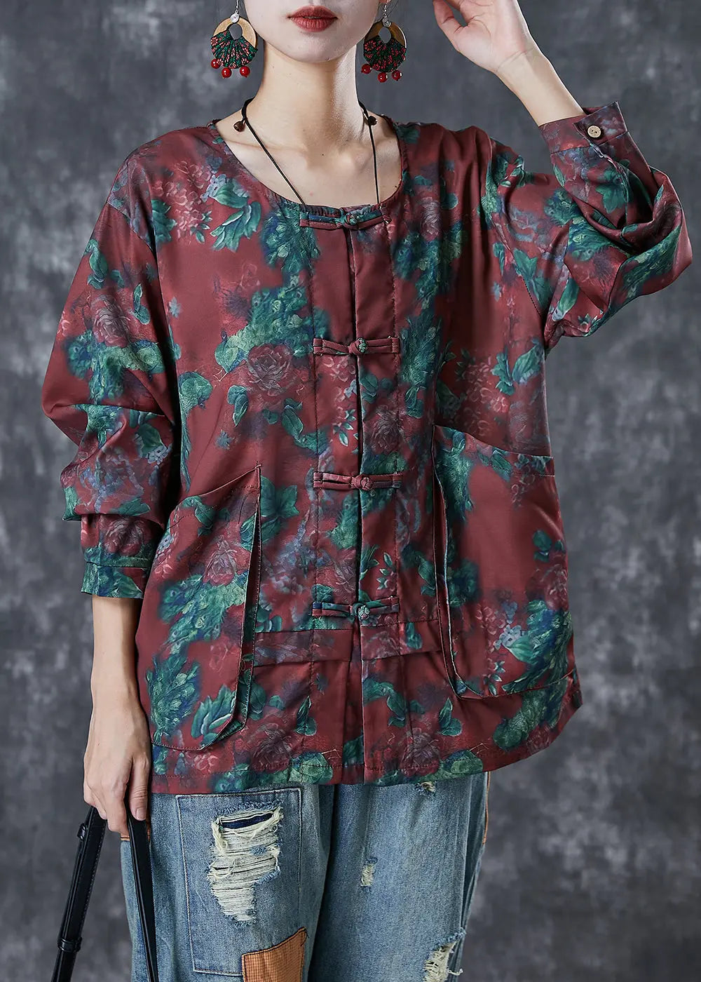 Plus Size Mulberry Chinese Button Floral Print Cotton Shirt Top Fall Ada Fashion