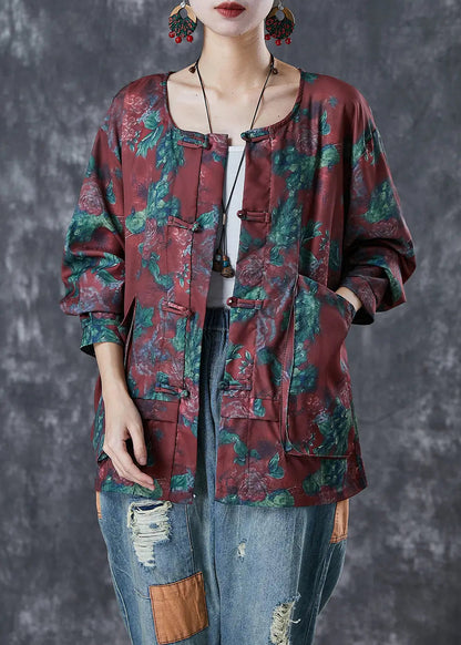 Plus Size Mulberry Chinese Button Floral Print Cotton Shirt Top Fall Ada Fashion
