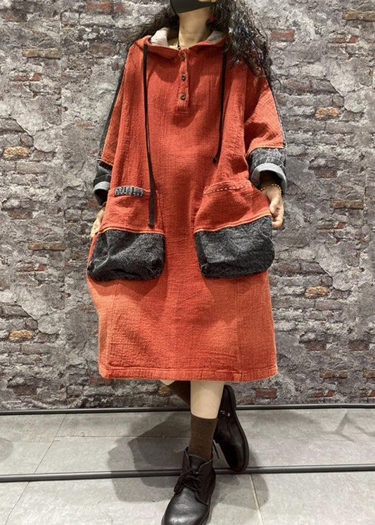 Plus Size Orange Hooded Pockets Denim Long Dress Fall Ada Fashion