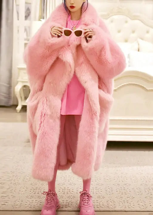 Plus Size Pink Peter Pan Collar Pockets Patchwork Fuzzy Fur Fluffy Coat Winter Ada Fashion