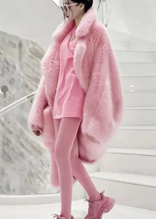 Plus Size Pink Peter Pan Collar Pockets Patchwork Fuzzy Fur Fluffy Coat Winter Ada Fashion