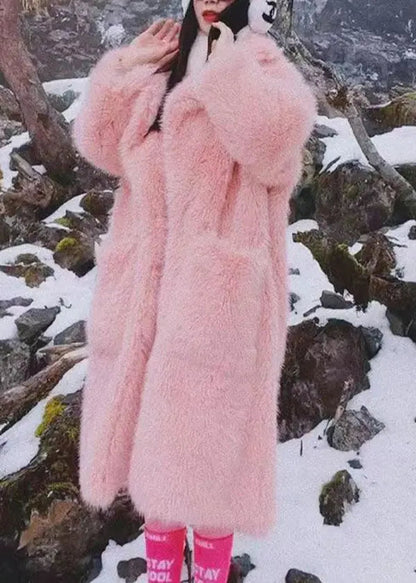 Plus Size Pink Peter Pan Collar Pockets Patchwork Fuzzy Fur Fluffy Coat Winter Ada Fashion