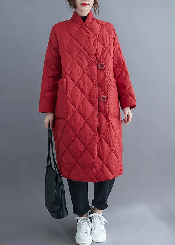 Plus Size Red Button Pockets Cotton Filled Long Parka Winter Ada Fashion