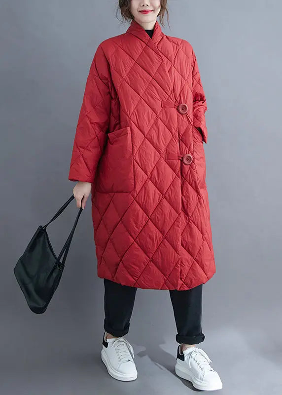 Plus Size Red Button Pockets Cotton Filled Long Parka Winter Ada Fashion