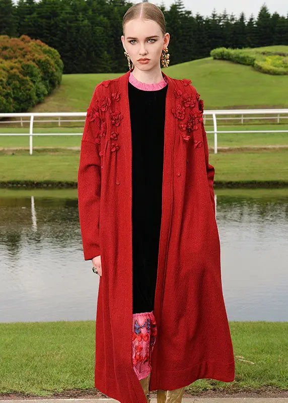 Plus Size Red Embroidered Floral Woolen Long Cardigan Fall Ada Fashion