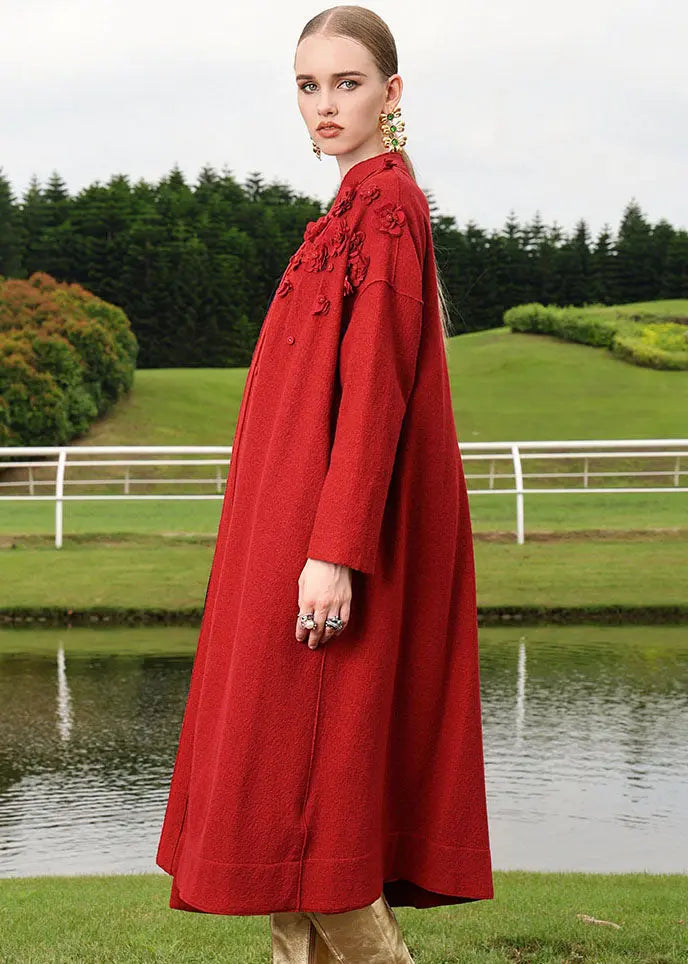 Plus Size Red Embroidered Floral Woolen Long Cardigan Fall Ada Fashion