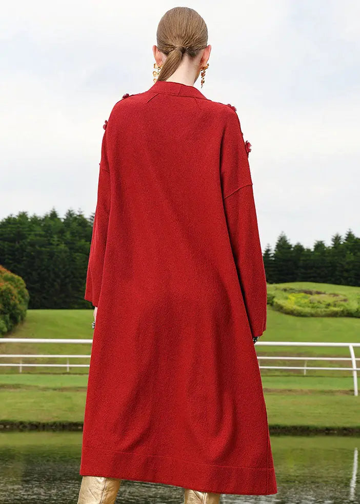 Plus Size Red Embroidered Floral Woolen Long Cardigan Fall Ada Fashion