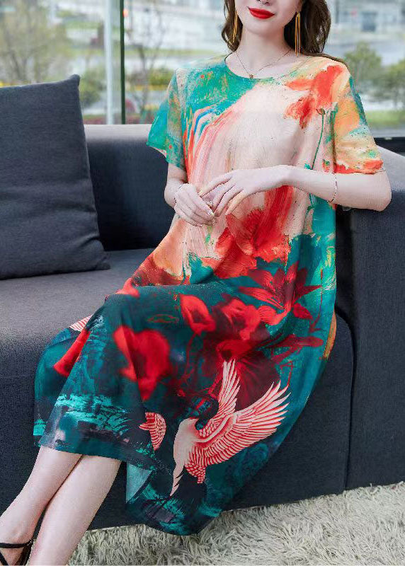 Plus Size Red O Neck Print Patchwork Chiffon Dresses Summer Ada Fashion