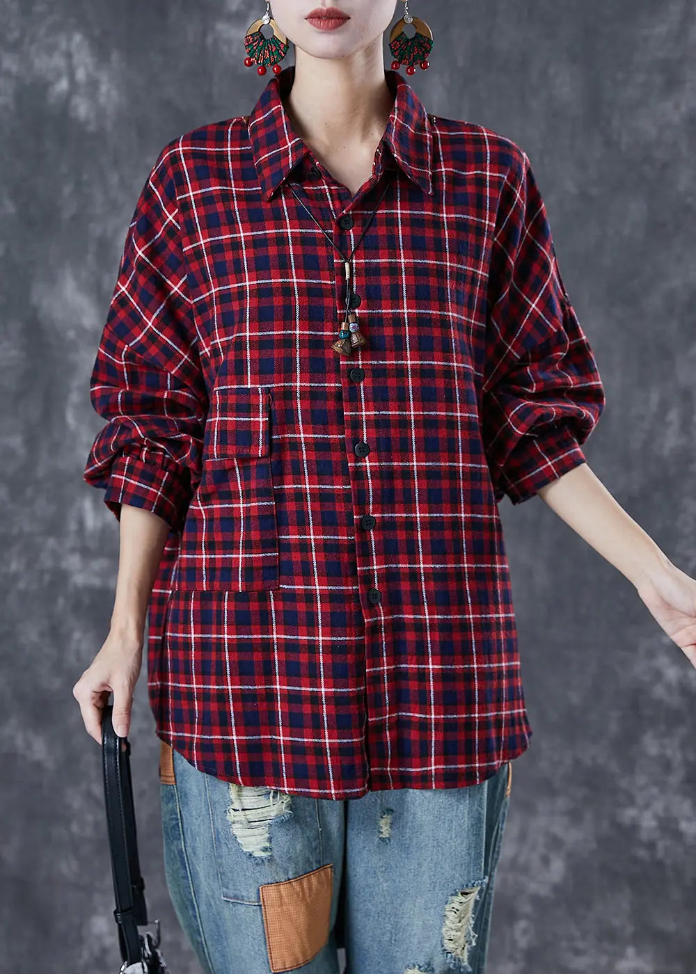 Plus Size Red Oversized Plaid Cotton Shirt Tops Fall Ada Fashion