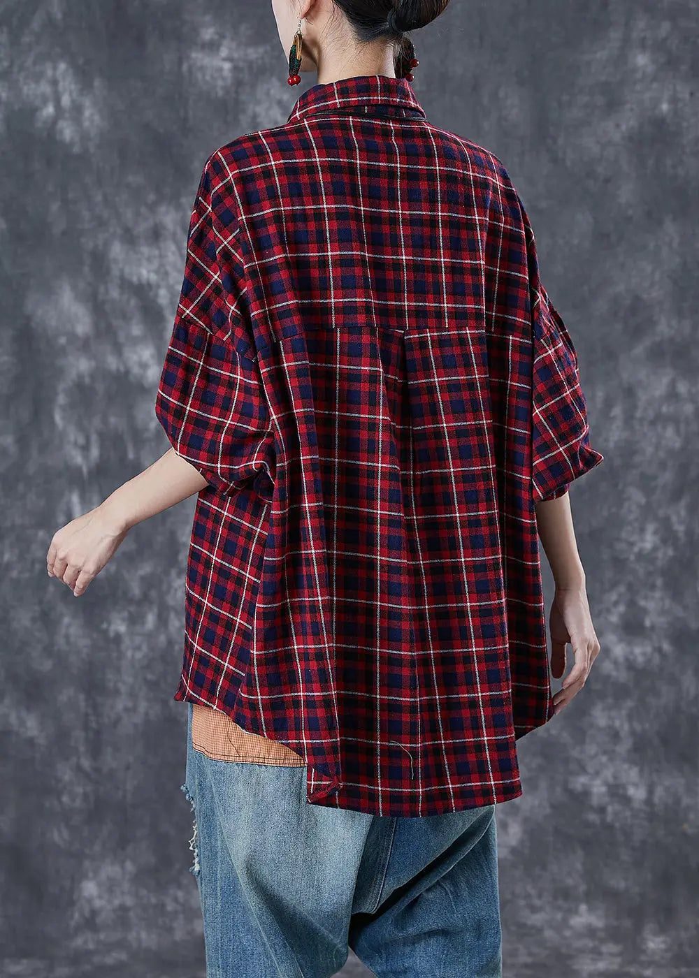 Plus Size Red Oversized Plaid Cotton Shirt Tops Fall Ada Fashion