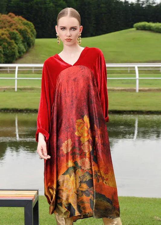 Plus Size Red Silk Velour Patchwor Print Long Dresses Long Sleeve Ada Fashion