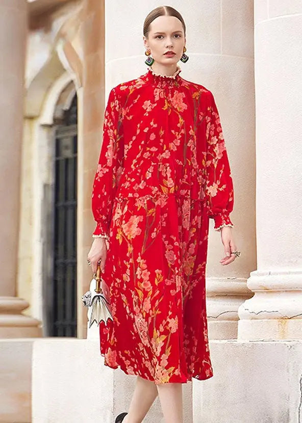 Plus Size Red Turtleneck Print Ruffled Silk Velour Vacation Maxi Dresses Fall Ada Fashion