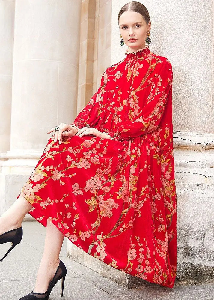 Plus Size Red Turtleneck Print Ruffled Silk Velour Vacation Maxi Dresses Fall Ada Fashion