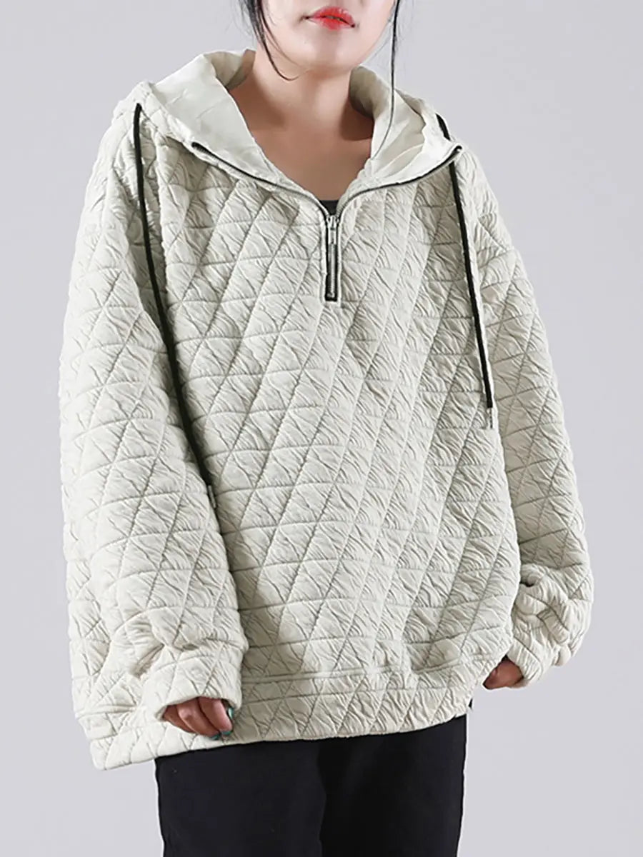 Plus Size Solid Color Pleated Drawstring Zipper Hooded Sweatshirt Ada Fashion