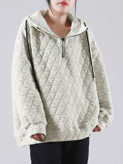 Plus Size Solid Color Pleated Drawstring Zipper Hooded Sweatshirt Ada Fashion