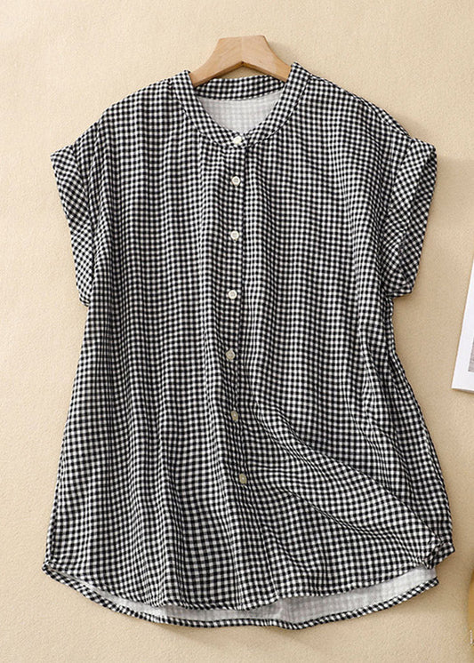 Plus Size Stand Collar Plaid Button Cotton Shirts Summer LY4438