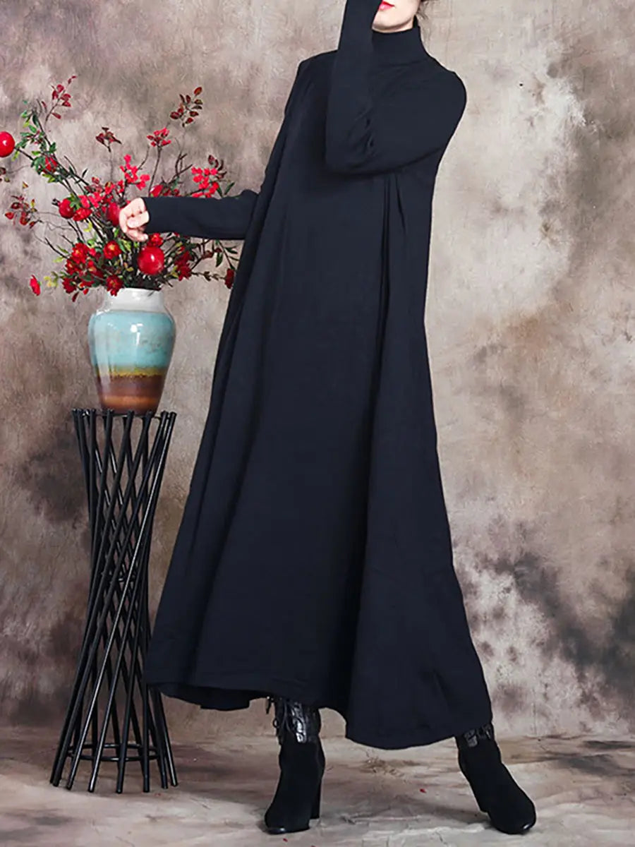 Plus Size Women Artsy Solid Turtleneck Maxi Dress Ada Fashion