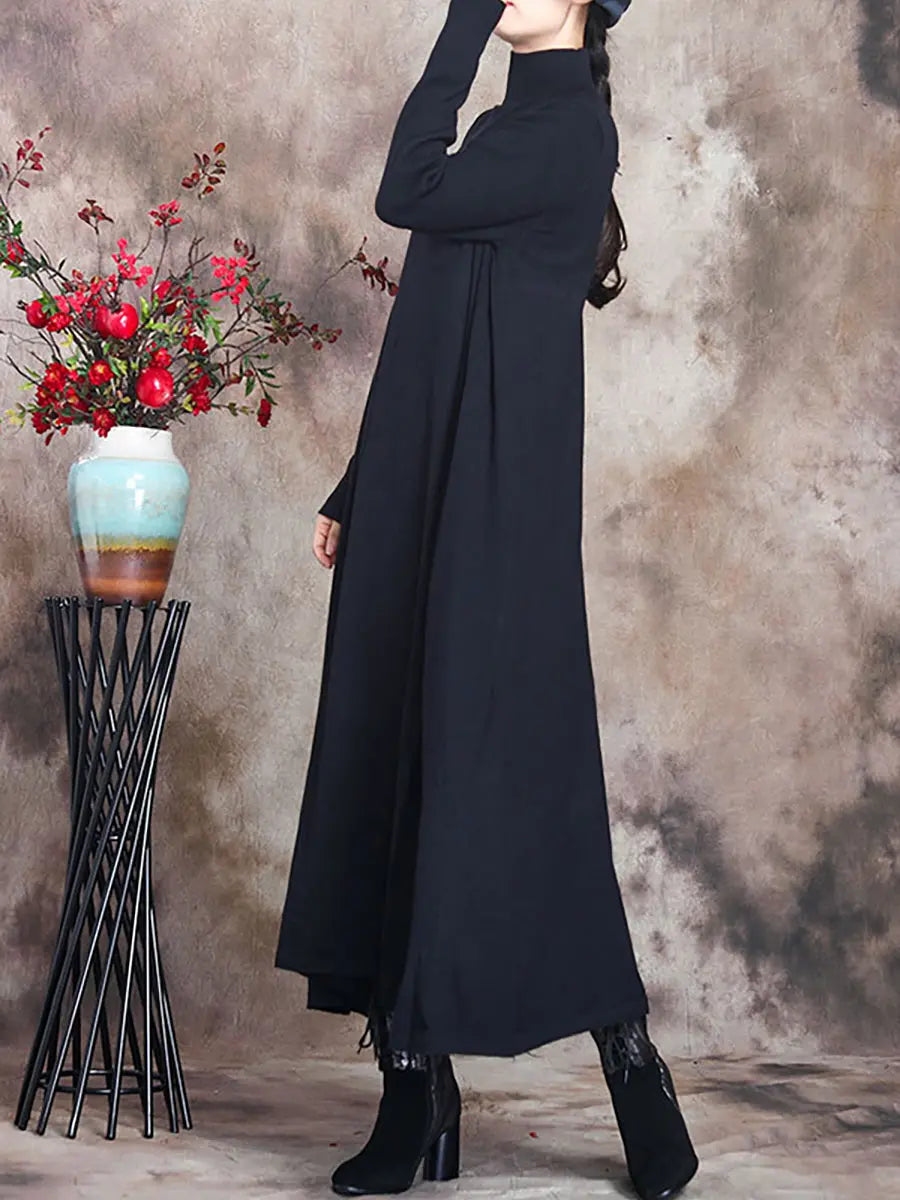 Plus Size Women Artsy Solid Turtleneck Maxi Dress Ada Fashion