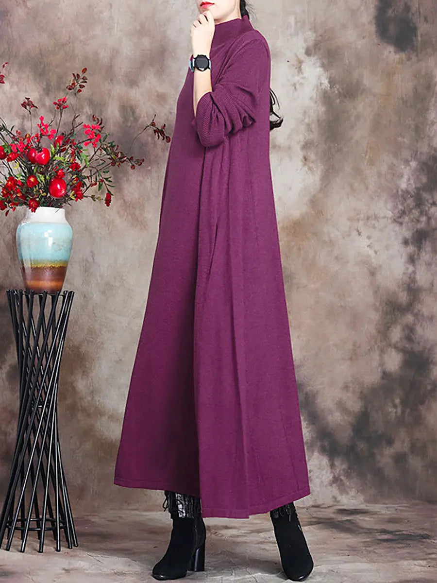 Plus Size Women Artsy Solid Turtleneck Maxi Dress Ada Fashion