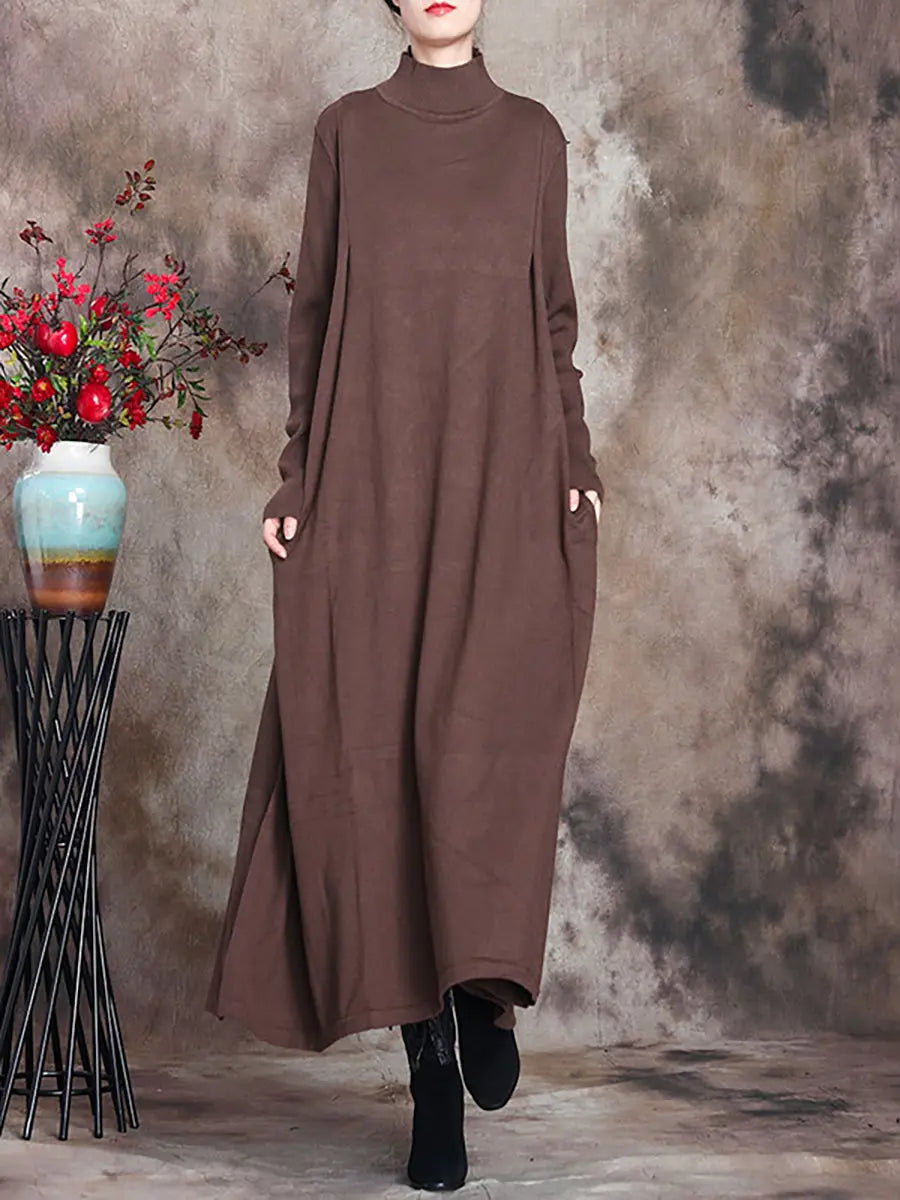 Plus Size Women Artsy Solid Turtleneck Maxi Dress Ada Fashion