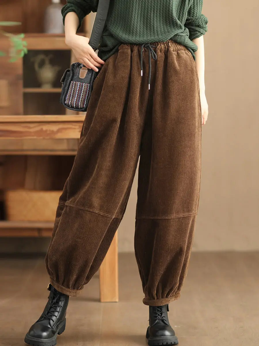 Plus Size Women Casual Solid Loose Fleece-lined Pants Ada Fashion