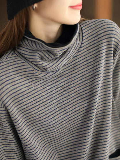 Plus Size Women Casual Stripe Turtleneck Sweatshirt Ada Fashion