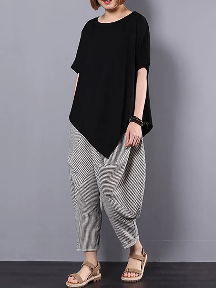 Plus Size - Women Irregular Loose 100% Cotton T-Shirt Ada Fashion