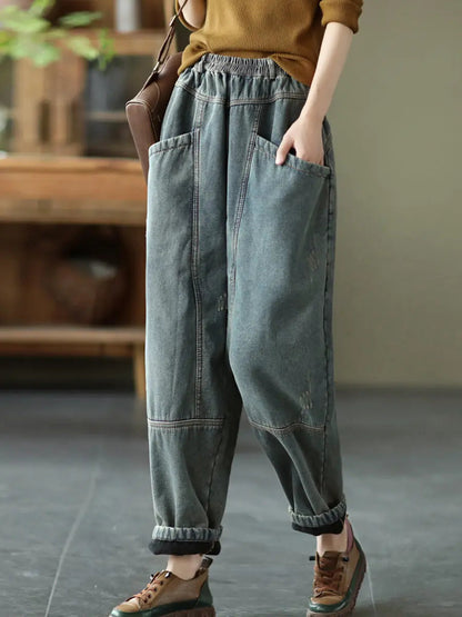 Plus Size Women Retro Spliced Denim Fleece-lined Pants Ada Fashion