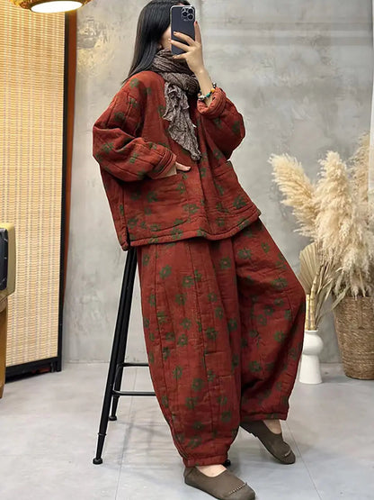Plus Size Women Vintage Flower Cotton Padded Pants Ada Fashion