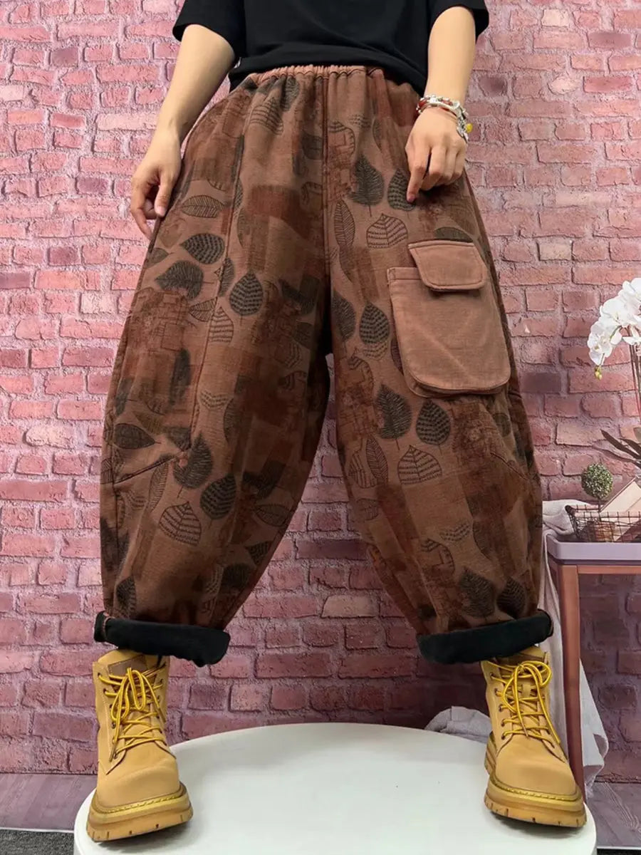 Plus Size Women Vintage Plaid Spliced Fleece-lined Harem Pants Ada Fashion