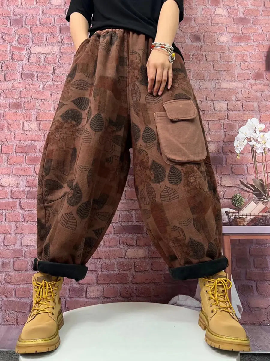 Plus Size Women Vintage Plaid Spliced Fleece-lined Harem Pants Ada Fashion