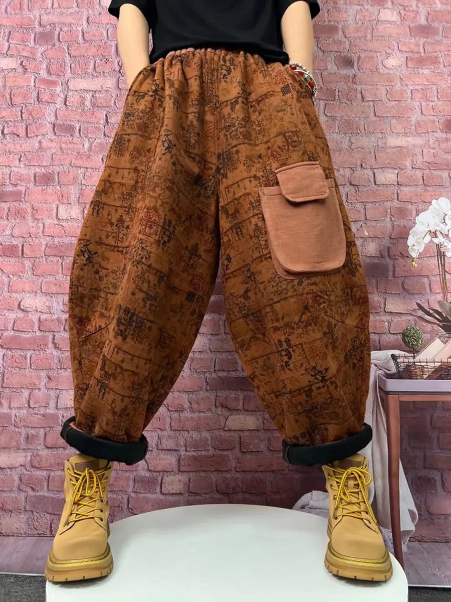 Plus Size Women Vintage Plaid Spliced Fleece-lined Harem Pants Ada Fashion