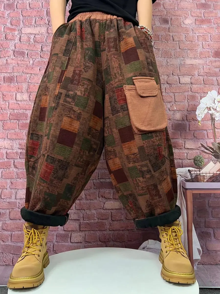 Plus Size Women Vintage Plaid Spliced Fleece-lined Harem Pants Ada Fashion
