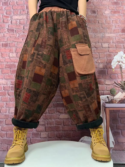 Plus Size Women Vintage Plaid Spliced Fleece-lined Harem Pants Ada Fashion