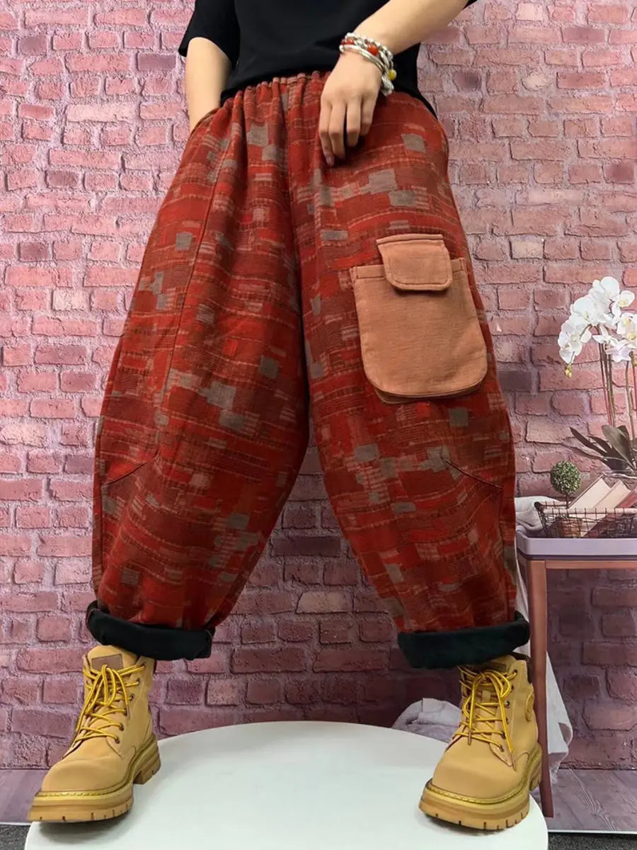 Plus Size Women Vintage Plaid Spliced Fleece-lined Harem Pants Ada Fashion