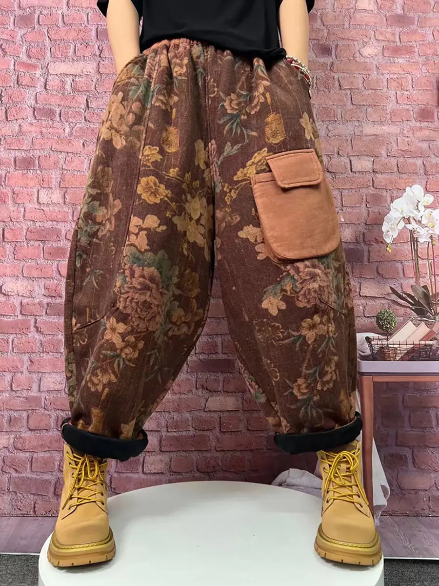 Plus Size Women Vintage Plaid Spliced Fleece-lined Harem Pants Ada Fashion