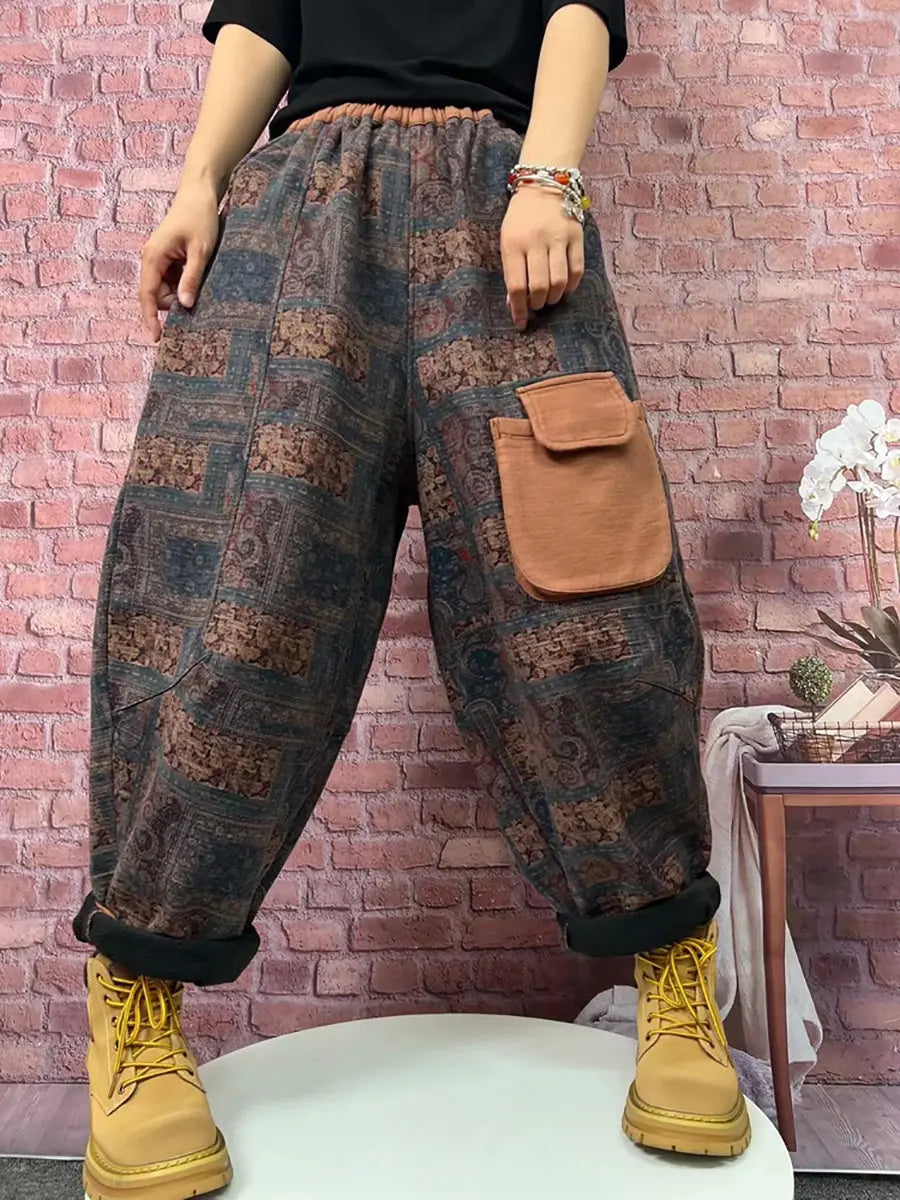 Plus Size Women Vintage Plaid Spliced Fleece-lined Harem Pants Ada Fashion