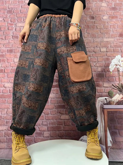 Plus Size Women Vintage Plaid Spliced Fleece-lined Harem Pants Ada Fashion