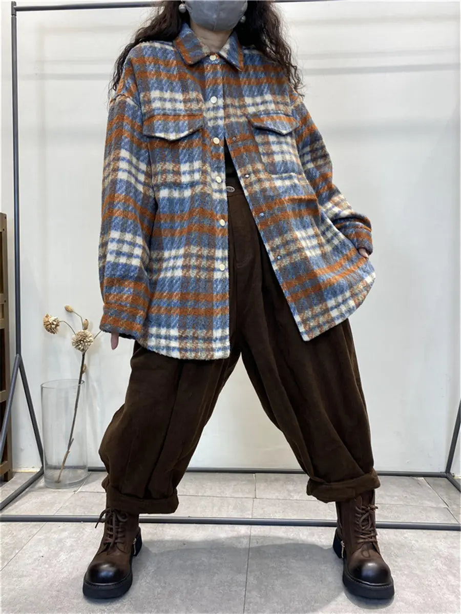 Plus Size Women Vintage Plaid Winter Shirt Jacket Ada Fashion
