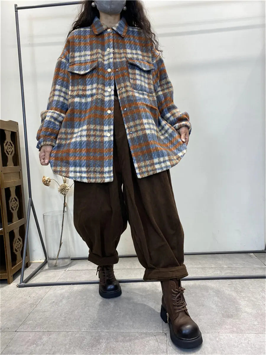 Plus Size Women Vintage Plaid Winter Shirt Jacket Ada Fashion