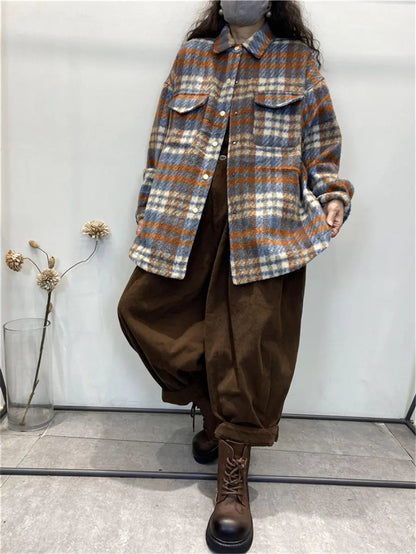 Plus Size Women Vintage Plaid Winter Shirt Jacket Ada Fashion
